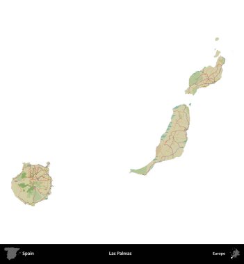 Las Palmas. İspanya 'nın idari bölgesi Topografik İnsani Stil Haritasında beyaza izole edildi