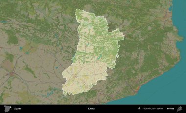 Lleida. İspanya 'nın idari alanı karartılmış Topografik İnsani Yardım Stili Haritasında vurgulanmış ve özetlenmiştir