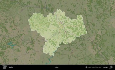 Lugo. İspanya 'nın idari alanı karartılmış Topografik İnsani Yardım Stili Haritasında vurgulanmış ve özetlenmiştir