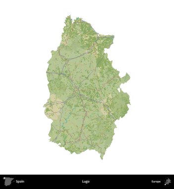 Lugo. İspanya 'nın idari bölgesi Topografik İnsani Stil Haritasında beyaza izole edildi