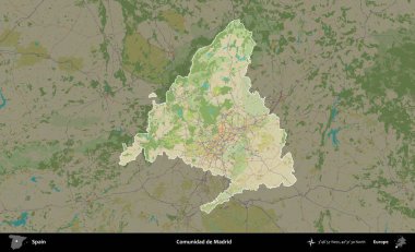 Comunidad de Madrid 'de. İspanya 'nın idari alanı karartılmış Topografik İnsani Yardım Stili Haritasında vurgulanmış ve özetlenmiştir