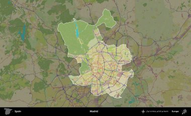 Madrid mi? İspanya 'nın idari alanı karartılmış Topografik İnsani Yardım Stili Haritasında vurgulanmış ve özetlenmiştir