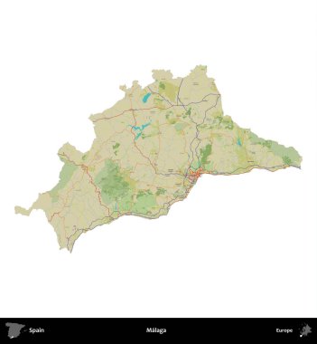 Malaga. İspanya 'nın idari bölgesi Topografik İnsani Stil Haritasında beyaza izole edildi