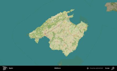Mallorca. İspanya 'nın idari alanı karartılmış Topografik İnsani Yardım Stili Haritasında vurgulanmış ve özetlenmiştir