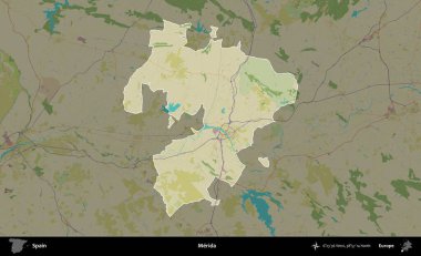 Merida. İspanya 'nın idari alanı karartılmış Topografik İnsani Yardım Stili Haritasında vurgulanmış ve özetlenmiştir