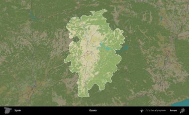 Osona. İspanya 'nın idari alanı karartılmış Topografik İnsani Yardım Stili Haritasında vurgulanmış ve özetlenmiştir