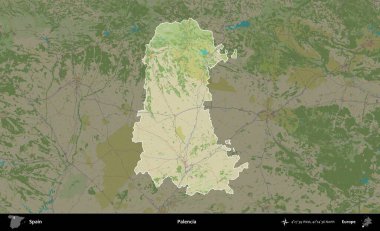 Palencia 'da. İspanya 'nın idari alanı karartılmış Topografik İnsani Yardım Stili Haritasında vurgulanmış ve özetlenmiştir