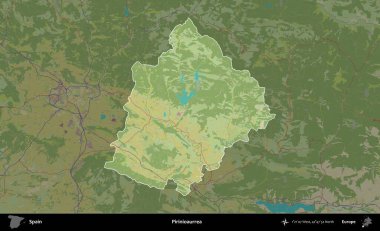 Piriniourrea. İspanya 'nın idari alanı karartılmış Topografik İnsani Yardım Stili Haritasında vurgulanmış ve özetlenmiştir
