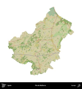 Pla de Mallorca. İspanya 'nın idari bölgesi Topografik İnsani Stil Haritasında beyaza izole edildi