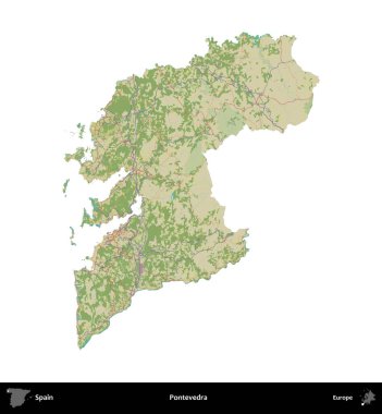 Pontevedra. İspanya 'nın idari bölgesi Topografik İnsani Stil Haritasında beyaza izole edildi