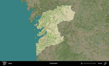 Pontevedra. İspanya 'nın idari alanı karartılmış Topografik İnsani Yardım Stili Haritasında vurgulanmış ve özetlenmiştir