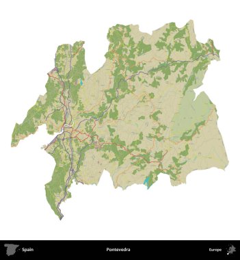 Pontevedra. İspanya 'nın idari bölgesi Topografik İnsani Stil Haritasında beyaza izole edildi