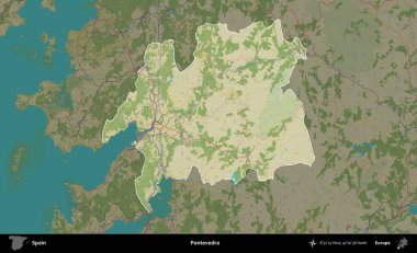 Pontevedra. İspanya 'nın idari alanı karartılmış Topografik İnsani Yardım Stili Haritasında vurgulanmış ve özetlenmiştir