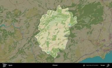 Priorat. İspanya 'nın idari alanı karartılmış Topografik İnsani Yardım Stili Haritasında vurgulanmış ve özetlenmiştir