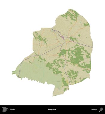 Requena. İspanya 'nın idari bölgesi Topografik İnsani Stil Haritasında beyaza izole edildi