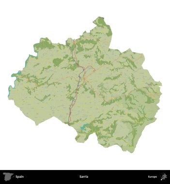 Sarria. İspanya 'nın idari bölgesi Topografik İnsani Stil Haritasında beyaza izole edildi