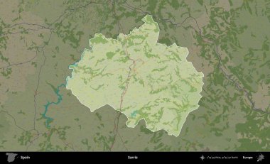 Sarria. İspanya 'nın idari alanı karartılmış Topografik İnsani Yardım Stili Haritasında vurgulanmış ve özetlenmiştir