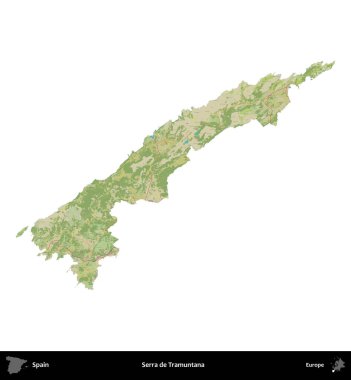 Serra de Tramuntana. İspanya 'nın idari bölgesi Topografik İnsani Stil Haritasında beyaza izole edildi