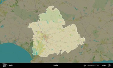 Sevilla. İspanya 'nın idari alanı karartılmış Topografik İnsani Yardım Stili Haritasında vurgulanmış ve özetlenmiştir