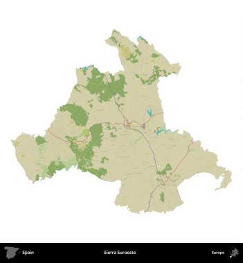 Sierra Suroeste. İspanya 'nın idari bölgesi Topografik İnsani Stil Haritasında beyaza izole edildi