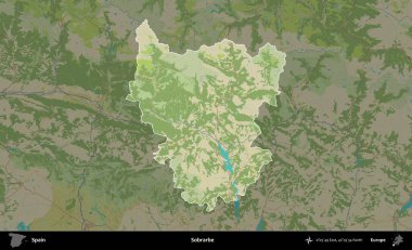 Sobrarbe. İspanya 'nın idari alanı karartılmış Topografik İnsani Yardım Stili Haritasında vurgulanmış ve özetlenmiştir