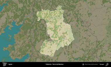 Tabeiros - Terra de Montes. İspanya 'nın idari alanı karartılmış Topografik İnsani Yardım Stili Haritasında vurgulanmış ve özetlenmiştir