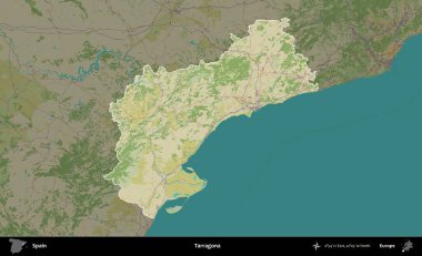 Tarragona. İspanya 'nın idari alanı karartılmış Topografik İnsani Yardım Stili Haritasında vurgulanmış ve özetlenmiştir