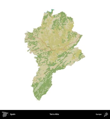 Terra Alta. İspanya 'nın idari bölgesi Topografik İnsani Stil Haritasında beyaza izole edildi