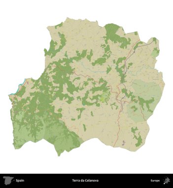 Terra da Celanova. İspanya 'nın idari bölgesi Topografik İnsani Stil Haritasında beyaza izole edildi