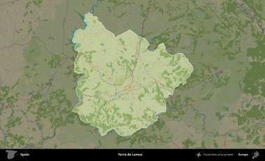 Terra de Lemos. İspanya 'nın idari alanı karartılmış Topografik İnsani Yardım Stili Haritasında vurgulanmış ve özetlenmiştir