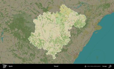 Teruel. İspanya 'nın idari alanı karartılmış Topografik İnsani Yardım Stili Haritasında vurgulanmış ve özetlenmiştir