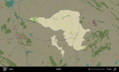 Trujillo. İspanya 'nın idari alanı karartılmış Topografik İnsani Yardım Stili Haritasında vurgulanmış ve özetlenmiştir