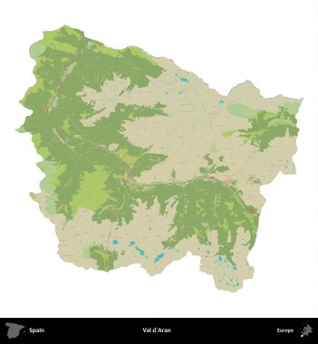 Val d'Aran. İspanya 'nın idari bölgesi Topografik İnsani Stil Haritasında beyaza izole edildi