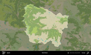 Val d'Aran. İspanya 'nın idari alanı karartılmış Topografik İnsani Yardım Stili Haritasında vurgulanmış ve özetlenmiştir