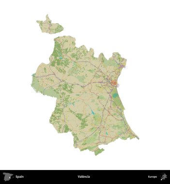 Valencia. İspanya 'nın idari bölgesi Topografik İnsani Stil Haritasında beyaza izole edildi