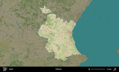 Valencia. İspanya 'nın idari alanı karartılmış Topografik İnsani Yardım Stili Haritasında vurgulanmış ve özetlenmiştir