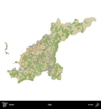 Vigo. İspanya 'nın idari bölgesi Topografik İnsani Stil Haritasında beyaza izole edildi
