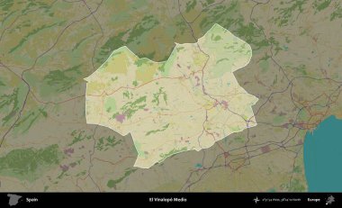 El Vinalopo Medio. İspanya 'nın idari alanı karartılmış Topografik İnsani Yardım Stili Haritasında vurgulanmış ve özetlenmiştir