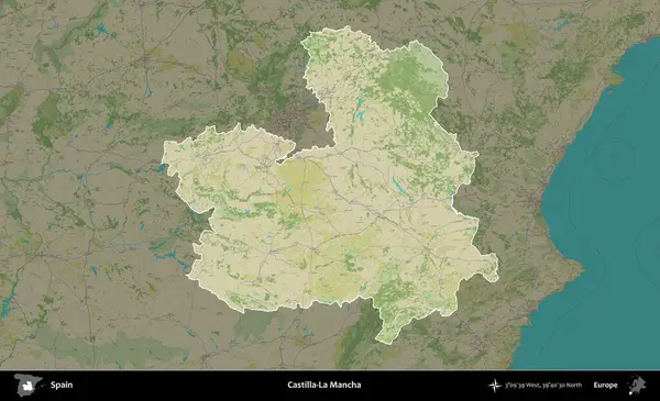 Castilla-La Mancha. İspanya 'nın idari alanı karartılmış Topografik İnsani Yardım Stili Haritasında vurgulanmış ve özetlenmiştir