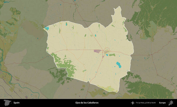 Ejea de los Caballeros. Административный район Испании выделен и обозначен на затемненной карте топографического гуманитарного стиля