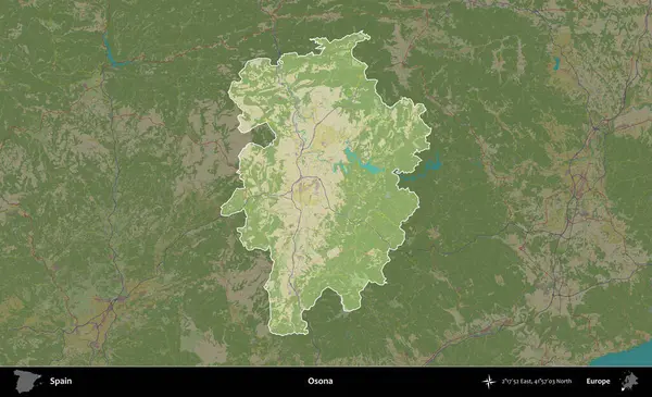 Osona. İspanya 'nın idari alanı karartılmış Topografik İnsani Yardım Stili Haritasında vurgulanmış ve özetlenmiştir