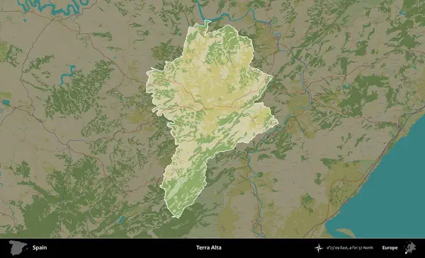 Terra Alta. İspanya 'nın idari alanı karartılmış Topografik İnsani Yardım Stili Haritasında vurgulanmış ve özetlenmiştir