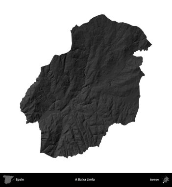 Bir Baixa Limia. İspanya 'nın idari bölgesi gri ölçekli yükseklik haritasında beyaza izole edildi
