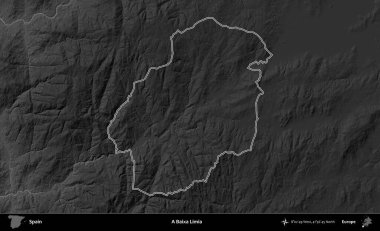 Bir Baixa Limia. İspanya 'nın idari bölgesi gri ölçekli yükseklik haritasında belirtilmiştir