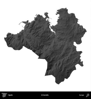 Bir Coruna. İspanya 'nın idari bölgesi gri ölçekli yükseklik haritasında beyaza izole edildi
