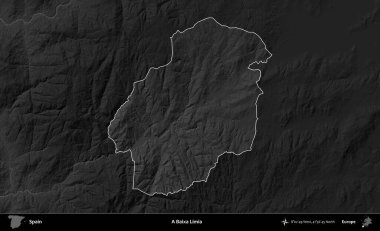 Bir Baixa Limia. İspanya 'nın idari alanı belirtilmiş ve koyu gri tonlu yükseklik haritasına göre özetlenmiştir