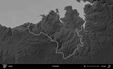 Bir Coruna. İspanya 'nın idari bölgesi gri ölçekli yükseklik haritasında belirtilmiştir