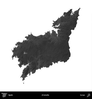 Bir Coruna. İspanya 'nın idari bölgesi gri ölçekli yükseklik haritasında beyaza izole edildi