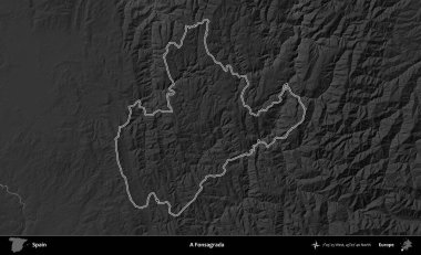 Fonsagrada. İspanya 'nın idari bölgesi gri ölçekli yükseklik haritasında belirtilmiştir