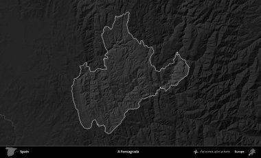 Fonsagrada. İspanya 'nın idari alanı belirtilmiş ve koyu gri tonlu yükseklik haritasına göre özetlenmiştir
